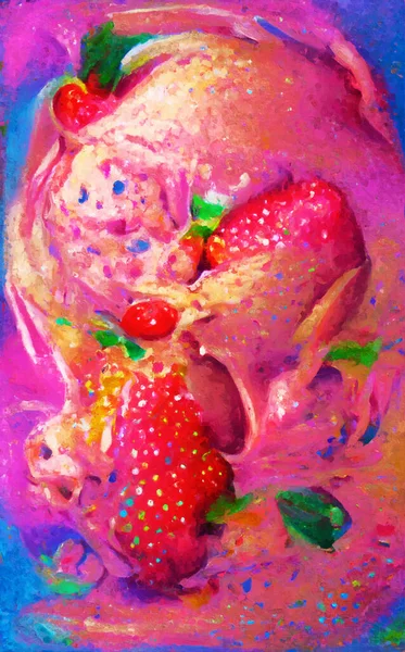 Painted strawberry ice cream in pink and red color. melting ice.