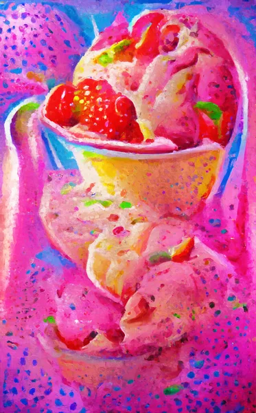 Painted strawberry ice cream in pink and red color. melting ice.