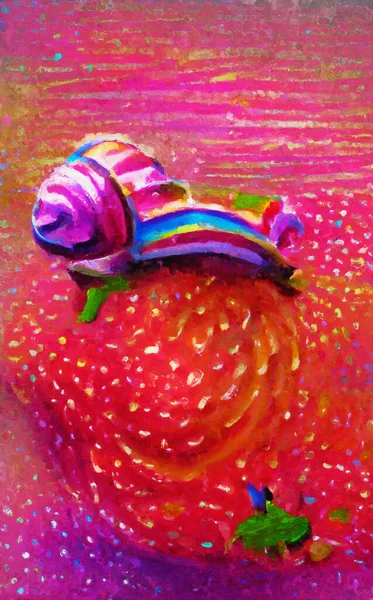 Ślimak Tęczowym Kolorze Pełzający Truskawkach Malowany Obraz — Zdjęcie stockowe