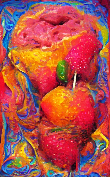 Peach and strawberry ice cream. Painted image.