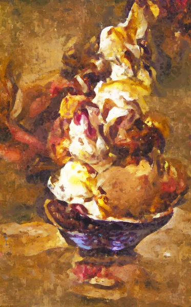 Painted ice cream of the variety vanilla, bannane and chocolate with whipped cream