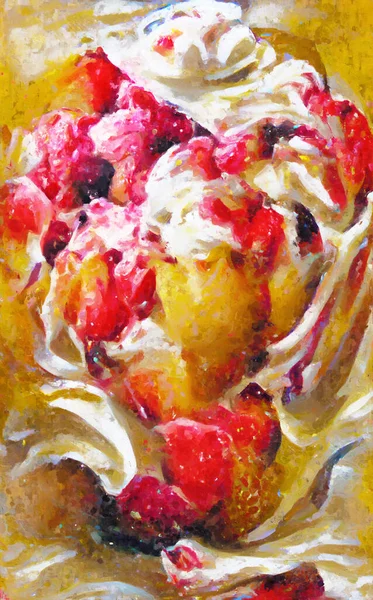 Painted oil picture with ice cream and different fruits like cherries, raspberry,grapes