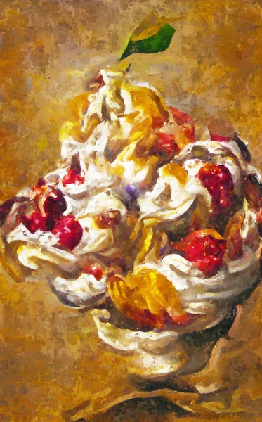 Painted oil picture with ice cream and different fruits like cherries, raspberry,grapes