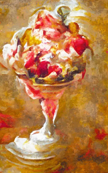 Painted oil picture with ice cream and different fruits like cherries, raspberry,grapes