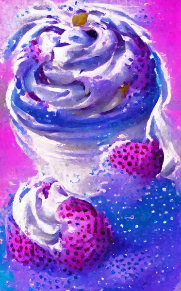Painted sundae with cherries and blueberry ice cream. Whipped cream