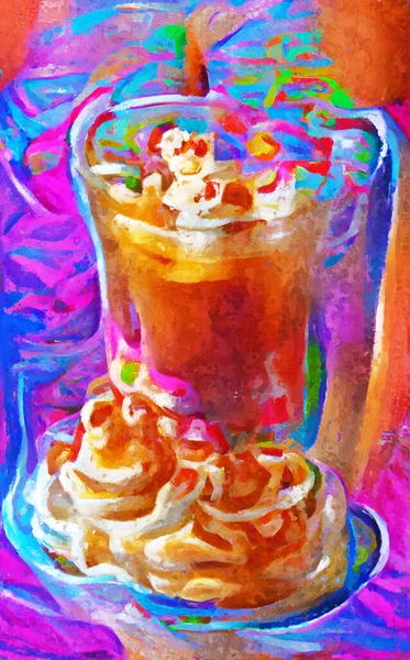 Painted iced coffee with whipped cream.
