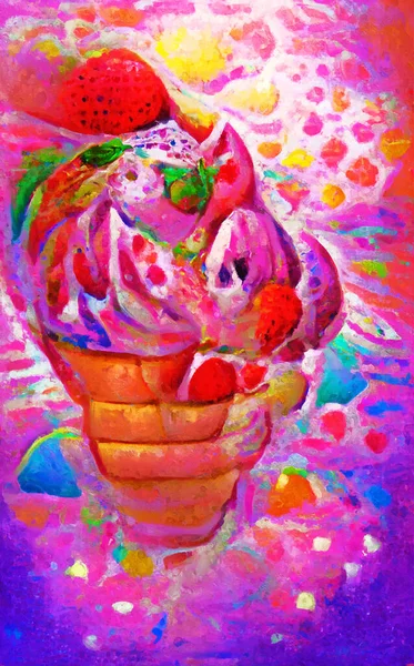 Painted ice cream with whipped cream with fruits.