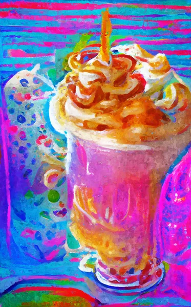 Painted iced coffee with whipped cream.