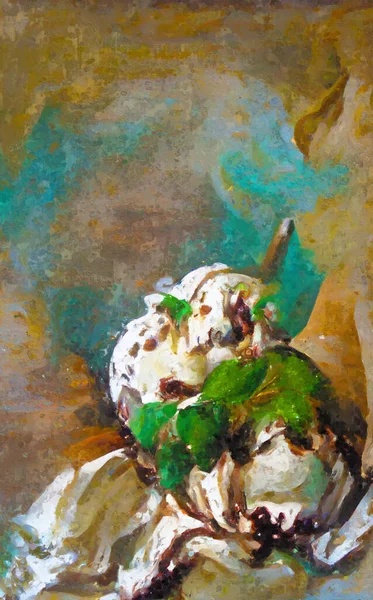 Painted mint ice cream with whipped cream.