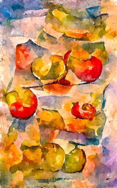 Malowanie Akwarelowe Świeżych Czerwonych Zielonych Jabłek Owoców Prace Artystyczne — Zdjęcie stockowe