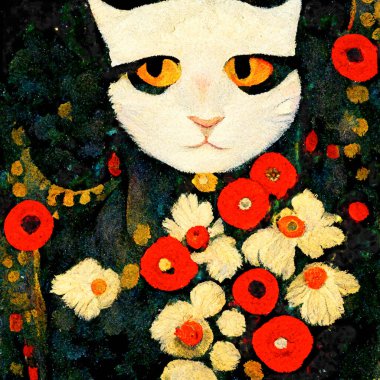 Portrait of a cat with poppies around. Painted in art nouveau design