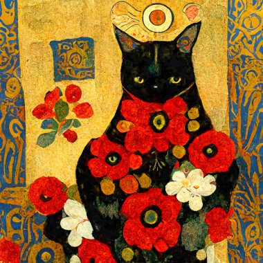 Portrait of a cat with poppies around. Painted in art nouveau design