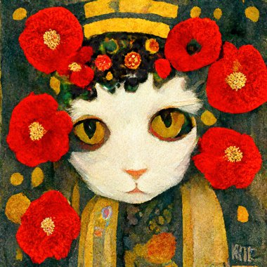 Portrait of a cat with poppies around. Painted in art nouveau design