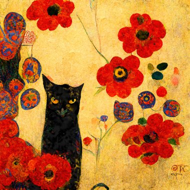 Portrait of a cat with poppies around. Painted in art nouveau design