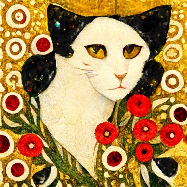 Portrait of a cat with poppies around. Painted in art nouveau design
