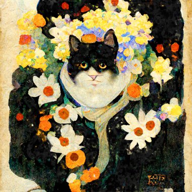 Portrait of a cat with daisies flowers around. Painted in art nouveau design
