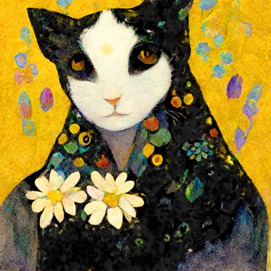 Portrait of a cat with daisies flowers around. Painted in art nouveau design