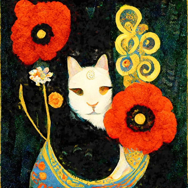 Portrait of a cat with poppies around. Painted in art nouveau design
