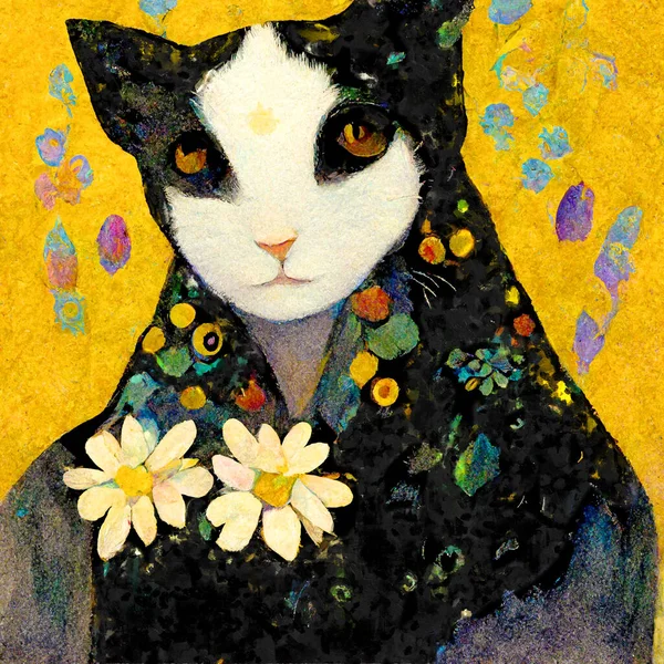Portrait Cat Daisies Flowers Painted Art Nouveau Design —  Fotos de Stock