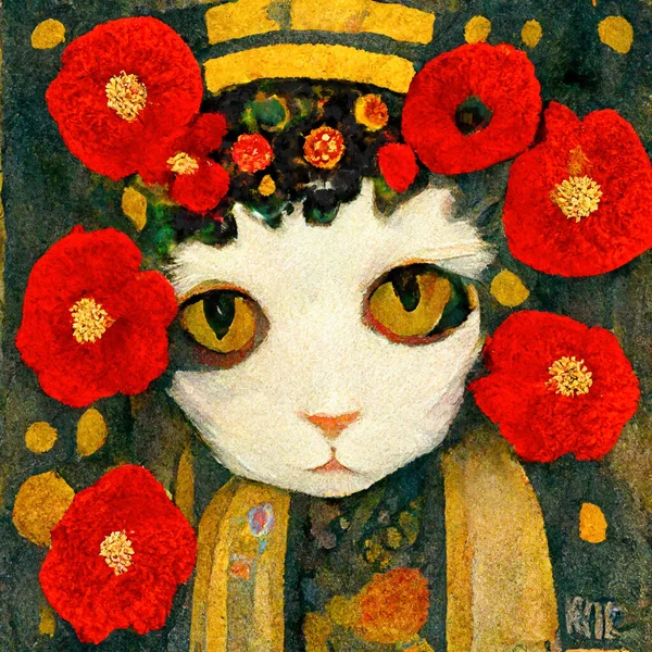 Portrait Cat Poppies Painted Art Nouveau Design Jogdíjmentes Stock Képek