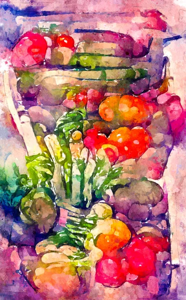 Painted watercolour picture of vegetables. Tomatoes, leek, peppers, asparagus.