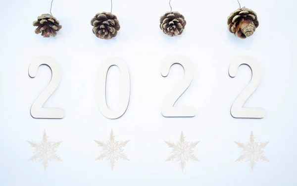 Mutlu yıllar 2022. 2022 numara ahşap zemin üzerinde ahşaptan yapılmıştır. Noel arkaplanı köknar dallarıyla dolu. ECO dekorasyonları. Pankart