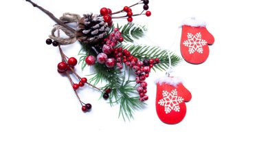 Beyaz arka planda köknar dalında Noel oyuncakları