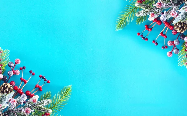 Mavi arka planda ladin dalı. Noel arkaplanı.