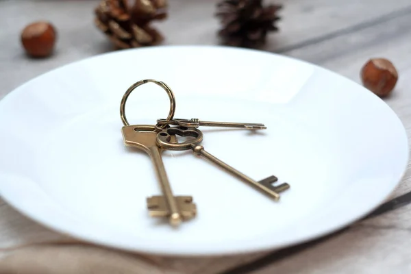 Ahşap arka planda anahtarları olan Noel hediyesi evi.