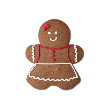 Beyaz arka planda izole edilmiş geleneksel zencefilli kurabiye şeklinde bir kadın..