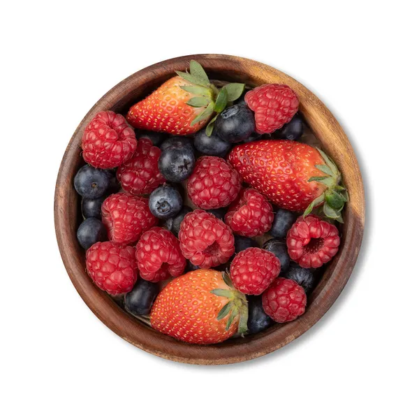 Erdbeeren Blaubeeren Und Himbeeren Einer Schüssel Isoliert Über Weißem Hintergrund — Stockfoto