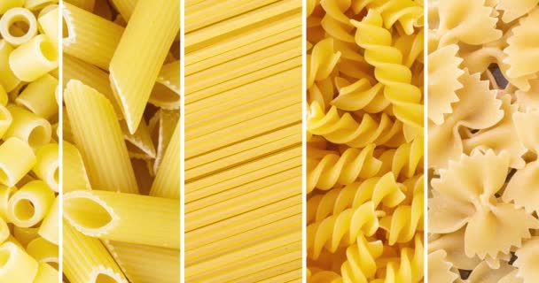 Collage Assorted Pasta Whole Regular Uncooked Pasta Panoramic Format — Vídeo de Stock
