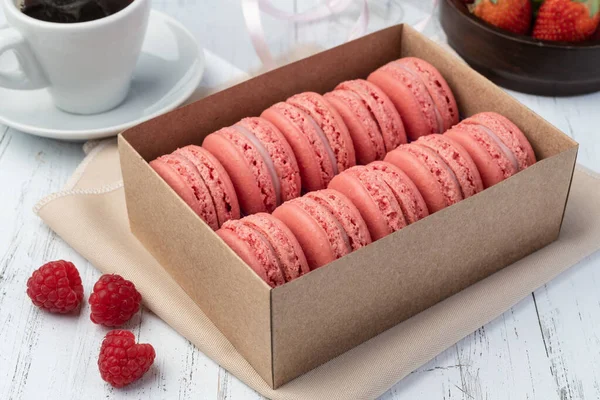 Berry Macarons Box Coffee Wooden Table — Stockfoto