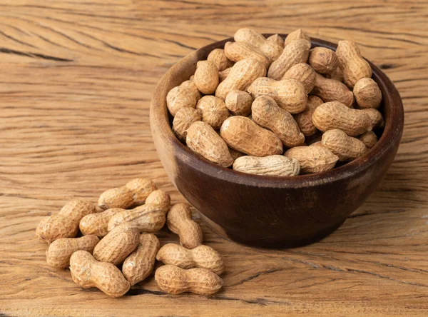 Shelled Peanuts Bowl Wooden Table — Fotografia de Stock