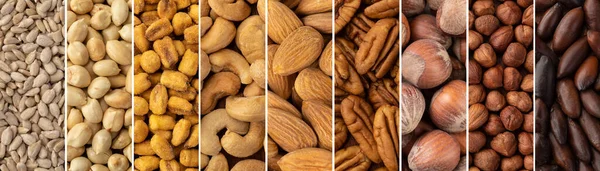Collage Assorted Nuts Assorted Nuts Panoramic Format — Fotografia de Stock