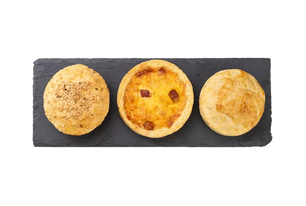 Assorted Homemade Pies Quiches Stone Board Isolated White Background — 스톡 사진