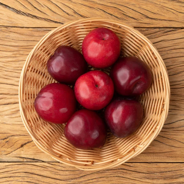 Plums Basket Wooden Table — Stock Photo, Image