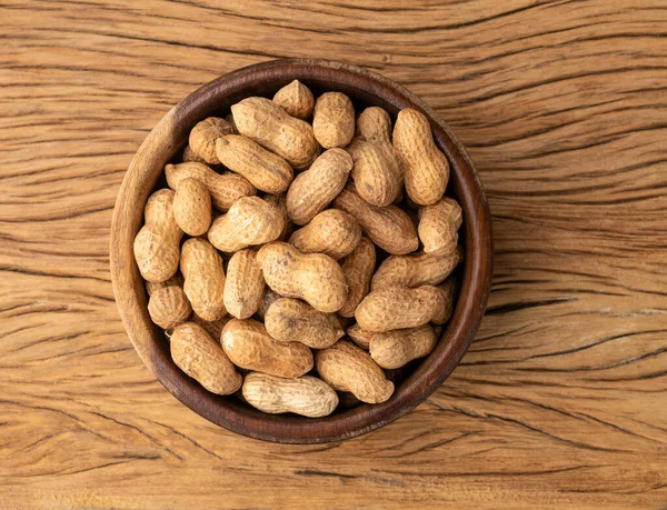 Shelled Peanuts Bowl Wooden Table — Fotografia de Stock