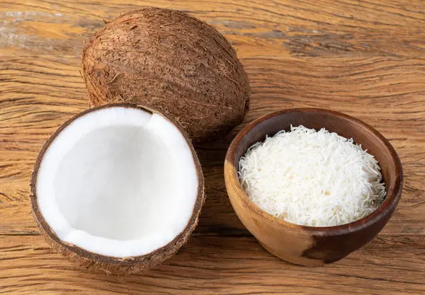 Grated Coconut Flakes Bowl Fruit Wooden Table — Fotografia de Stock