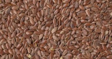 Üst manzara, kahverengi keten tohumlarına yakın çekim. Yemek arkaplanı.