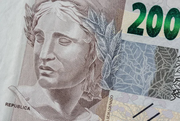 Closeup Detail Two Hundred Brazilian Real Bill — Foto de Stock