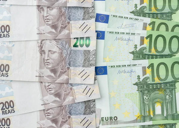 Groud Two Hundred Brazilian Real Hundred Euro Bills — Zdjęcie stockowe