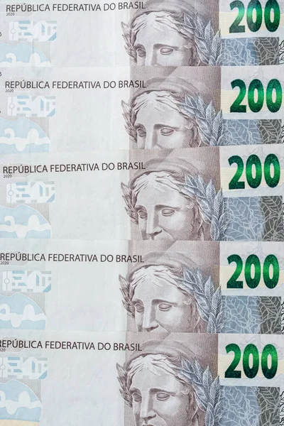Group Two Hundred Brazilian Real Bills Spread — Photo