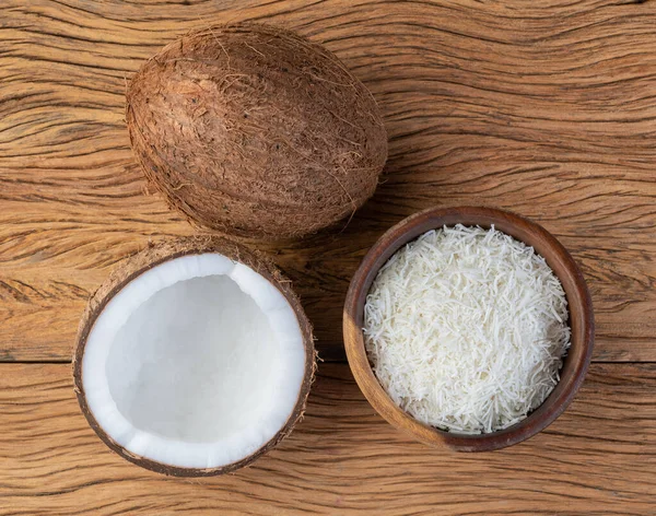 Grated Coconut Flakes Bowl Fruit Wooden Table — Fotografia de Stock