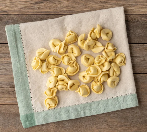 Uncooked Cappelletti Tortellini Fabric Wooden Table — Photo