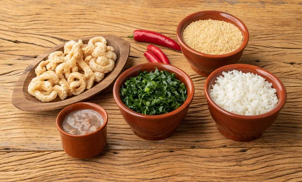 Typical Brazilian Feijoada Side Dishes Rice Kale Pepper Farofa Cracklings — Stockfoto