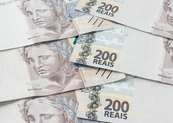 Group Two Hundred Brazilian Real Bills Spread — ストック写真