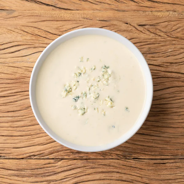 Sopa Queijo Uma Tigela Sobre Mesa Madeira — Fotografia de Stock