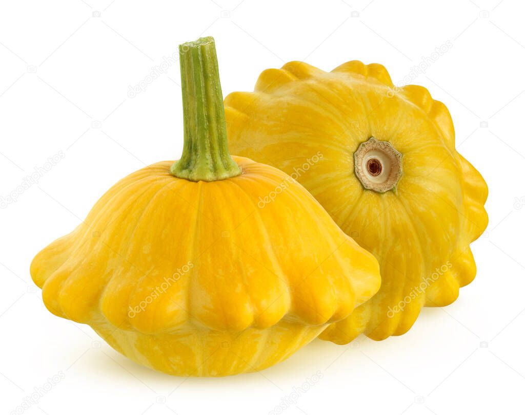pattison isolated on a white background with a clipping path. two yellow whole vegetable.