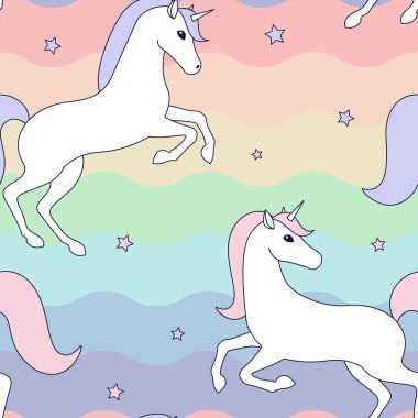 Tek boynuzlu atlar gökkuşakları ve yıldızlarla kusursuz desen. Renk vektörü çizimi. Efsanevi yaratıklar.